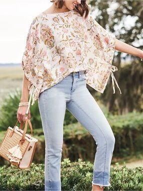 Spartina 449 Laurel Poncho in Jane Jardiniere Cream Print. M/L